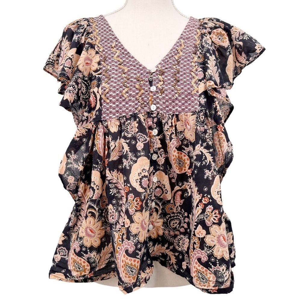 Rachel Zoe Floral Printed Ruffle Top Button Down w Sequin Accents Cotton Sz S